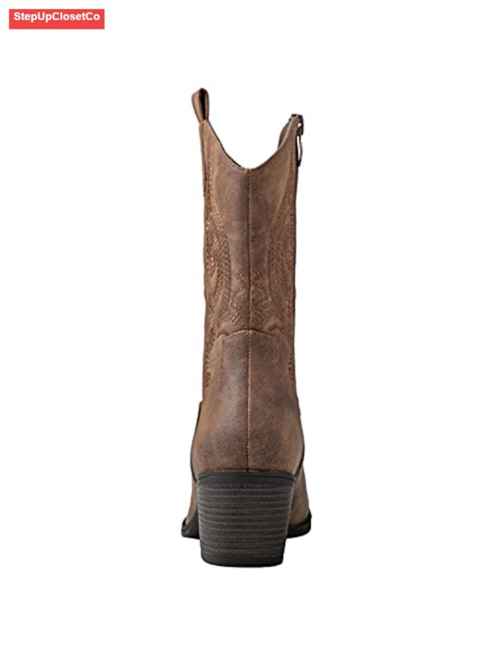 Women's Mid Calf Cowgirl Boots Chunky Low Heel Faux Leather Zip Closure - Picture 4 of 6